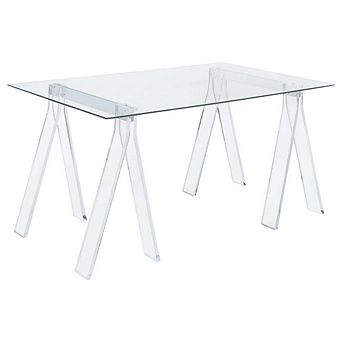 FurniFact Clear Glass Top Acrylic Office Desk, Rectangular Design And Contemporary Style