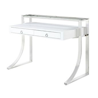 FurniFact White High Gloss 48-Inch Office Desk With 2 Drawers And Contemporary Style