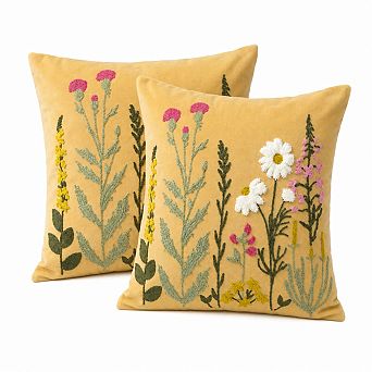 Spring Summer Embroidered Linen Cushion Covers Set of 2 Decorative Tufted Floral Pillow Cases