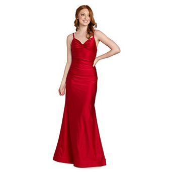 Juniors' Morgan and Co Draped Satin X-Back Mermaid Gown