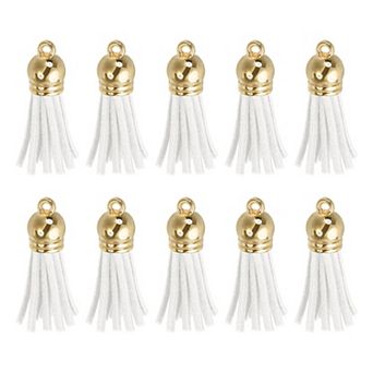 24 pc Leather Tassel Keychain Charm Bulk for Pendant Jewelry Making DIY Craft White Gold Cap