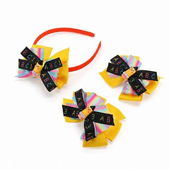 3 pc Girls School Style Bowknot Headband and Clips Set