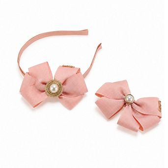 Girl's Faux Pearls Bow Hair Accessories Set Pink