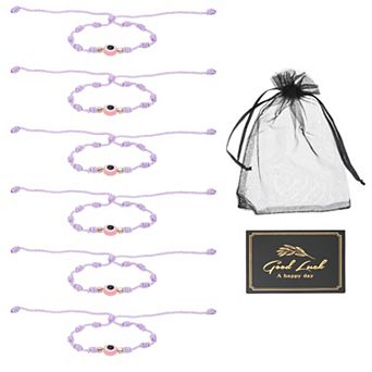 6 pc Evil Eye Bracelet, Handmade Braided Rope String Adjustable Bracelet Set with Card & Mesh Bag