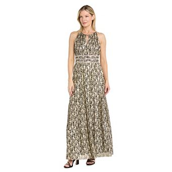 Women's R&M Richards Metallic Foil Pleated Halter Maxi Dress