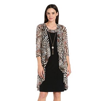 Women's R&M Richards 2 pc Puff-Print Power Mesh Jacket & Dress Set With Necklace