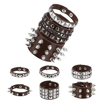 9 pc Rock Punk Studded Faux Leather Bracelet Set Goth Spiked Cuff Wristband Adjustable Bracelets