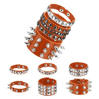9 pc Rock Punk Studded Faux Leather Bracelet Set Goth Spiked Cuff Wristband Adjustable Bracelets