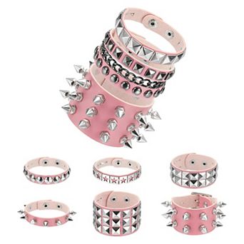 9 pc Rock Punk Studded Faux Leather Bracelet Set Goth Spiked Cuff Wristband Adjustable Bracelets