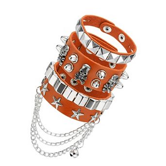 1 Set Rock Punk Studded Faux Leather Bracelet Set, Goth Spiked Cuff Wristband Adjustable Bracelets