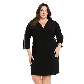 Plus Size R&M Richards Rhinestone Mesh 3/4 Sleeve Wrap Mini Dress