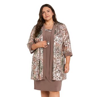 Plus Size R&M Richards 2 pc Foil-Print Power Mesh Jacket & Dress Set with Necklace