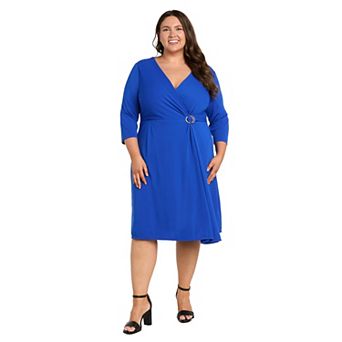 Plus Size R&M Richards Rhinestone Buckle Faux-Wrap Jersey Dress