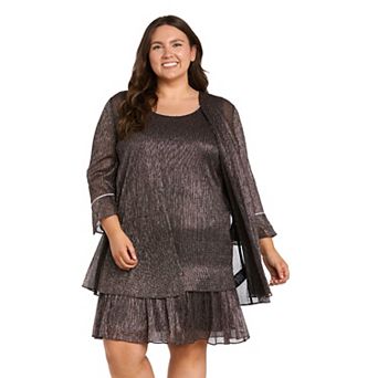 Plus Size R&M Richards 2 pc Metallic Pleated Tiered Jacket & Dress Set