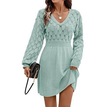 XuBa Women Boho Hollow‑Out V‑Neck Sweater Dress Long Sleeve Flowy A‑Line Dress
