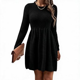 XuBa Women Long Sleeve Knit Dress Crew Neck A‑Line Babydoll Mini Dress