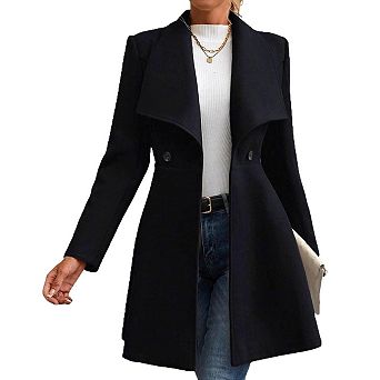 Womens Open Front Collared Long Pea Coat Long Sleeve Business Casual Wool Blend Chunky Jacket
