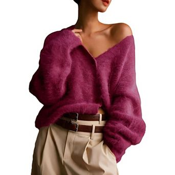 XuBa Women Fuzzy V‑Neck Button Knit Cardigan Long Sleeve Soft Sweater Coat
