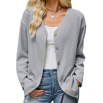 Women's V Neck Loose Long Sleeve Button Cardigan Coat