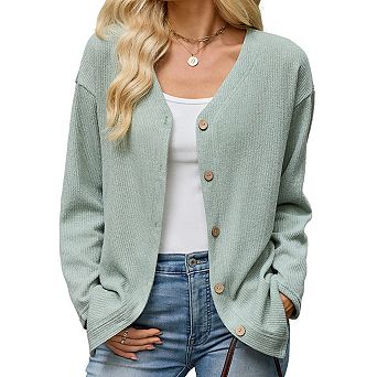 Women's V Neck Loose Long Sleeve Button Cardigan Coat