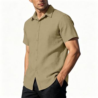 Men's Linen Cotton Short Sleeve Button Down Shirt
