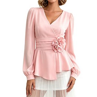 Women's V‑Neck Puff Long Sleeve Blouse 3D Floral Decor Peplum Dressy Wrap Shirt