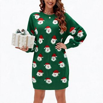Womens Christmas Santa Sweater Dress Crew Neck Fuzzy Graphic Long Sleeve Holiday Tunic