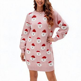 Womens Christmas Santa Sweater Dress Crew Neck Fuzzy Graphic Long Sleeve Holiday Tunic