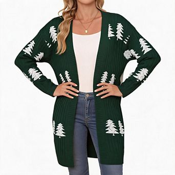 Womens Christmas Tree Cardigan V Neck Open Front Long Sleeve Holiday Knit Outerwear