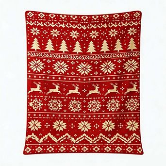 Christmas Holiday Blanket, Knit‑Look Reindeer Pine Snowflake Vintage Fair Isle Blanket