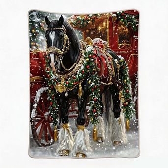 Christmas Holiday Blanket, Vintage Horse Carriage Winter Scene Print Flannel Blanket