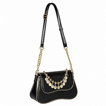 Coin Charm Flap Chain Strap Faux Leather Shoulder Handbag with Adjustable Strap