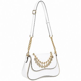 Coin Charm Flap Chain Strap Faux Leather Shoulder Handbag with Adjustable Strap