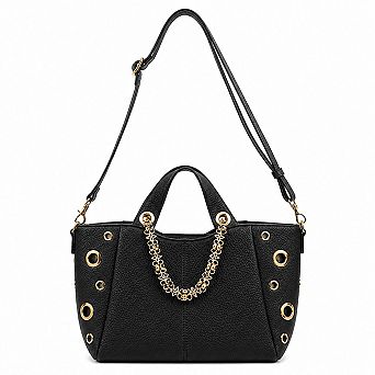 Classic Pebbled Faux Leather Grommet Chain Accent Multi Carry Satchel Handbag