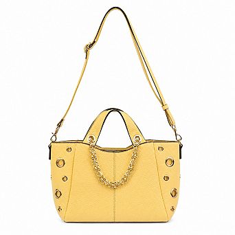 Classic Pebbled Faux Leather Grommet Chain Accent Multi Carry Satchel Handbag
