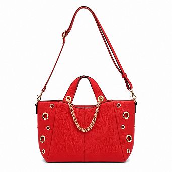 Classic Pebbled Faux Leather Grommet Chain Accent Multi Carry Satchel Handbag