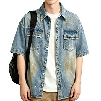 Men’s Splash‑Print Short‑Sleeve Denim Jacket, Fringed Street‑Wear Outerwear Coat