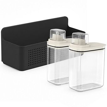 OU Laundry Dispenser and Wall Rack Set, 2 Pack 50 oz Clear Soap Dispensers with Measuring Cap