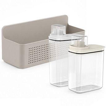 OU Laundry Dispenser Set with Wall Rack, 50 oz & 77 oz Soap/Fabric Softener Dispensers with Cap