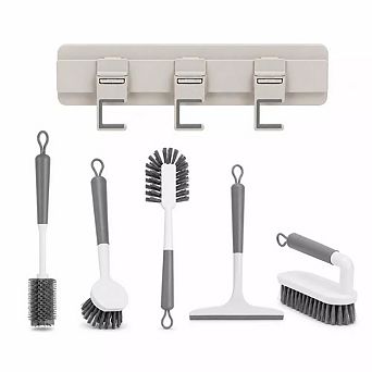 OU Bathroom & Kitchen Organizer Set, Wall Rack w/ 4 Hooks, Scrub & Bottle Brushes, Silicone Squeegee