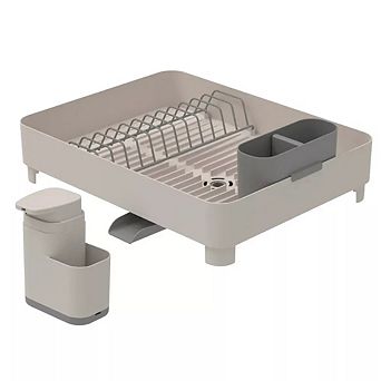 OU Sink Organizer Set, Compact Dish Rack with Drain Spout & 19 oz Soap Dispenser with Sponge Holder