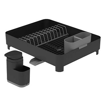 OU Sink Organizer Set, Compact Dish Rack with Drain Spout & 19 oz Soap Dispenser with Sponge Holder