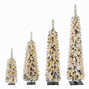 4 pc Pre-Flocked Pencil Christmas Trees with Warm White LED Lights (3', 4', 5', 6')