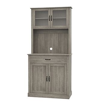 Kitchen Pantry Cabinet with Microwave Stand - 4 Doors, Adjustable Shelves, 71" H