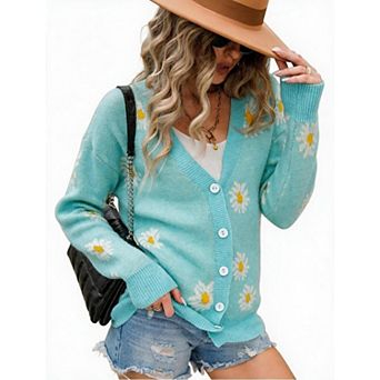 Women's V Neck Button Floral Long Sleeve Cardigan Sweater