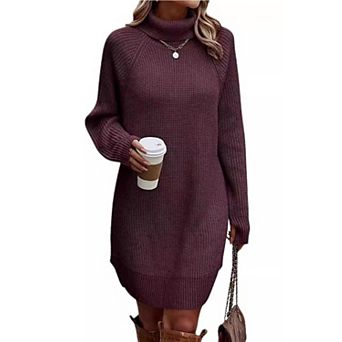 Women's Mock Neck Long Sleeve Loose Fall Pullover Sweater Dress
