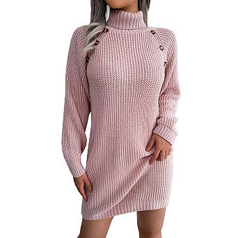 Women Turtleneck Sweater Dress Casual Long Sleeve Button Trim Knit Bodycon Mini Dress