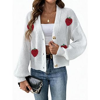Women Strawberry Applique V Neck Cardigan Long Sleeve Button Front Knit Sweater