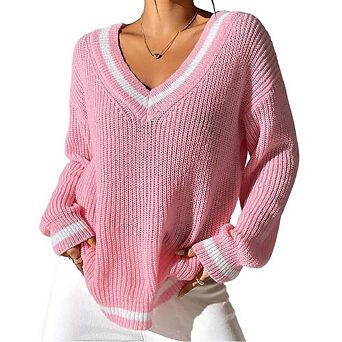 Women Color Block V Neck Sweater Long Sleeve Contrast Trim Loose Fit Casual Pullover