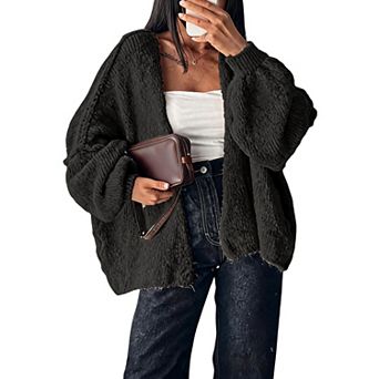 Women Open Front Long Cardigan Long Sleeve Chunky Knit Mid Length Sweater
